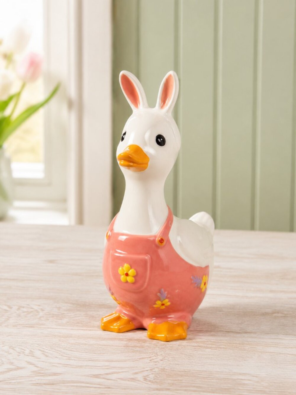 Easter Bunny Duck Figurine Pink Floral Spring Tabletop Decor NWT